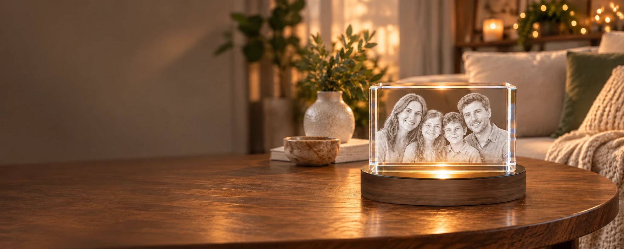 Un cristal transparent gravé d’un portrait de famille, sur son socle en bois éclairé, dans un salon chaleureux