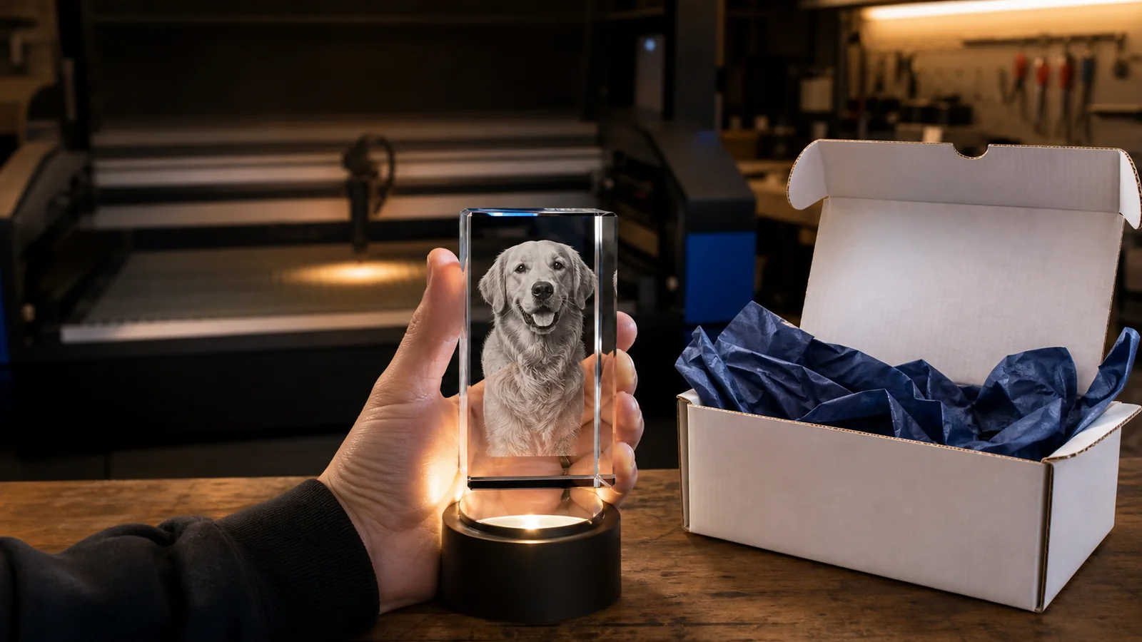 Un pavé de cristal gravé avec un chien, son socle lumineux et une boîte blanche ouverte dans l’atelier