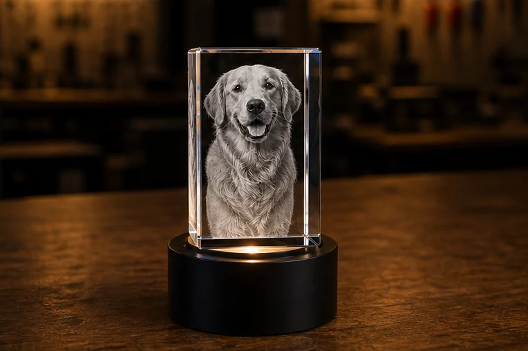 Le même labrador gravé dans un pavé en cristal éclairé