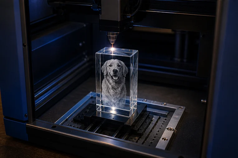 Machine laser gravant le portrait du labrador dans un pavé droit en cristal
