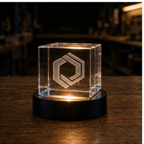Cube de cristal gravé avec un monogramme sur socle lumineux