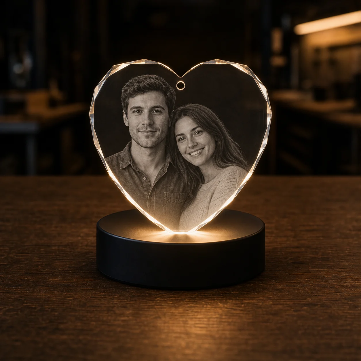 Cœur facetté en cristal sur socle lumineux