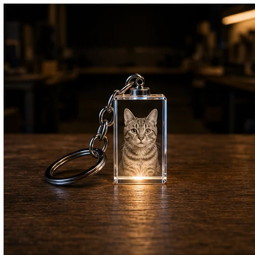 Porte-clé pavé droit en cristal gravé avec le portrait d’un chat