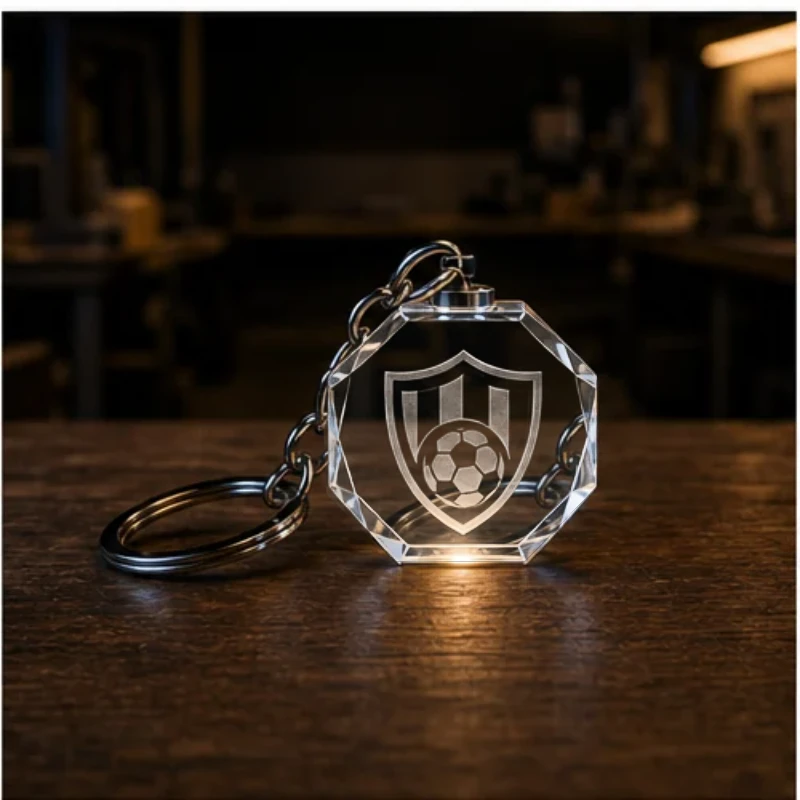 Porte-clé octogonal en cristal gravé avec un blason de club