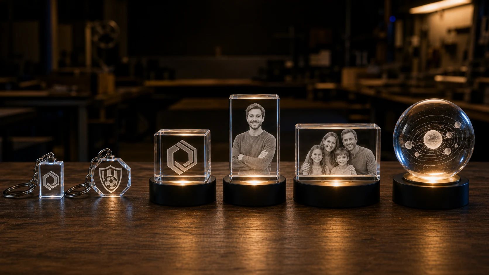Six formats de cristal disposés côte à côte : deux porte-clés, cube, pavés vertical et horizontal, puis sphère avec système solaire